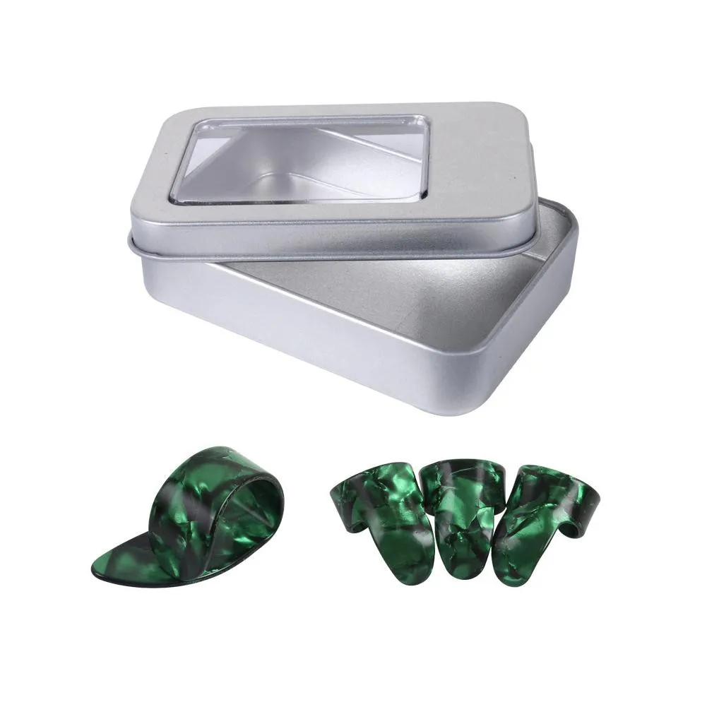 

4pcs/Set Celluloid Thumb Index Finger Picks Tin Box Guitar Plectrums Sheath For Acoustic Electric Guitars Banjo Resonator Dobro