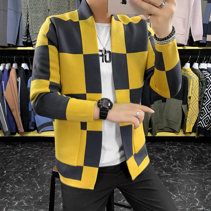 European Knitted Sweater Autumn Men Fashion High Quality Brand Slim Striped Suit Collar Cardigan Wool Luxury Jacket Coat S-3XL