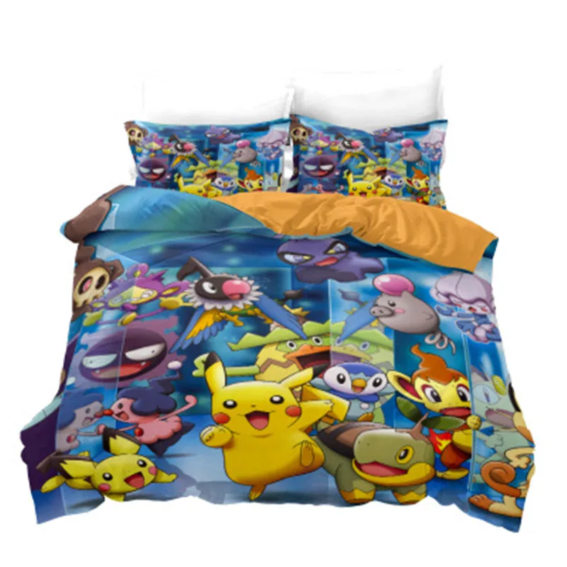 

Pokemon Pikachu Movie Cartoon Plush 3D Anime Figure Printing Pattern Three-Piece Quilt Cover and Pillowcase Warm Cute Toy Gift