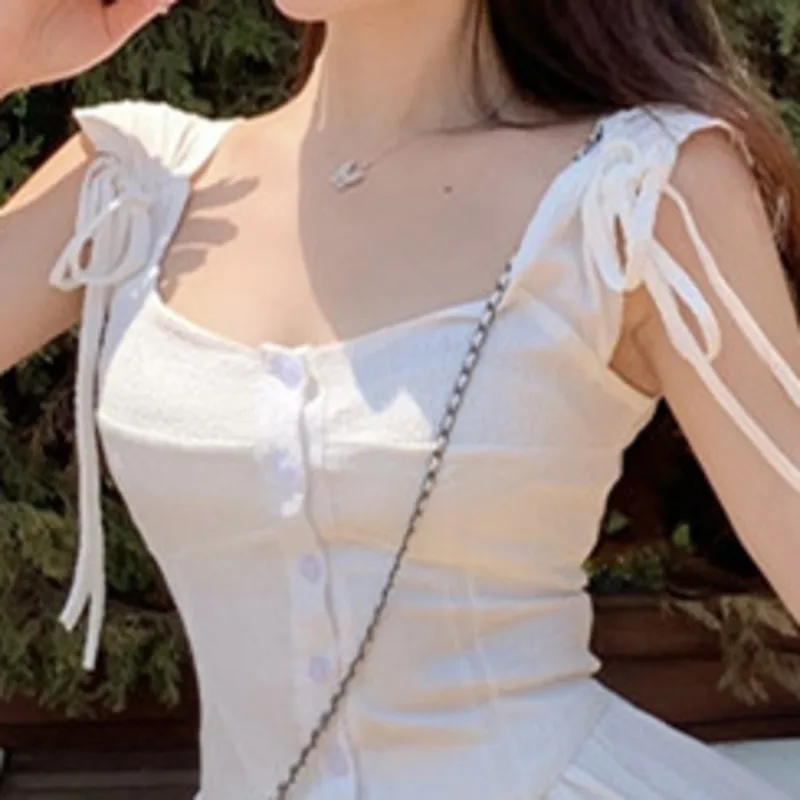 

Vintage Sleeveless Spaghetti Strap Women Dress Korean Single Breasted Summer Party Robe Sweet Chic A-Line Ruffle Vestidos Femme