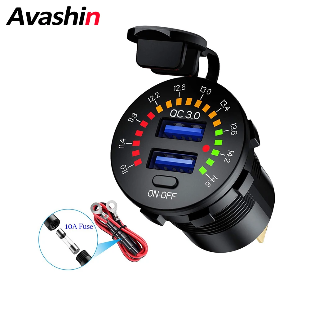 

QC3.0 Dual USB Car Charger Waterproof LED Voltage Meter with Switch ON OFF Switch Power Cable Auto USB Socket Outlet Fast Charge