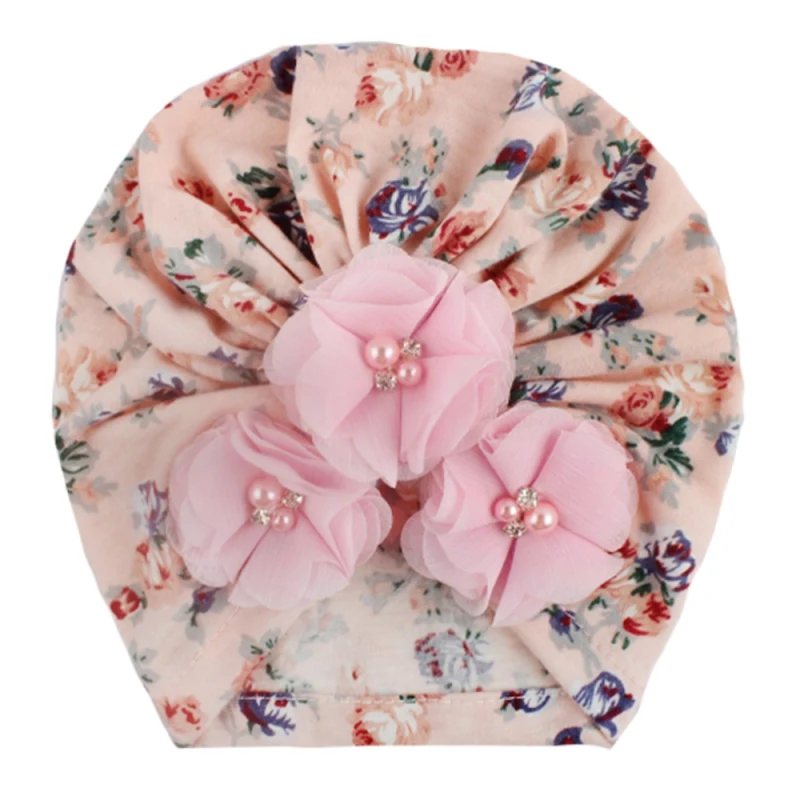 Осенняя Мягкая Милая шапочка с цветами и жемчужинами для новорожденных девочек