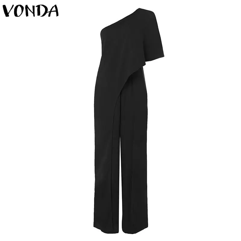 VONDA, сексуальный комбинезон, женские комбинезоны размера плюс, модные комбинезоны с открытыми плечами и рюшами, широкие штаны, повседневные Длинные Комбинезоны - Цвет: Черный