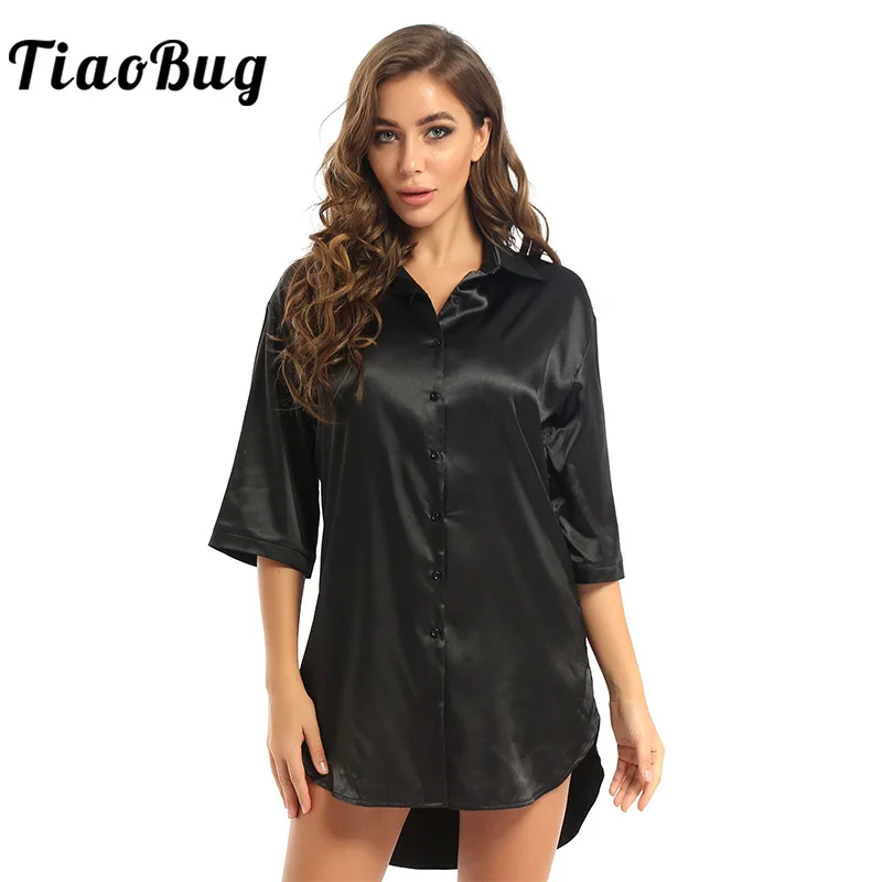 

Women Soft Satin Loose Loungedress Pyjamas Shirts Sleepwear 3/4 Long Sleeve Boyfriend Style Turndown Collar Nightgown Sleepshirt