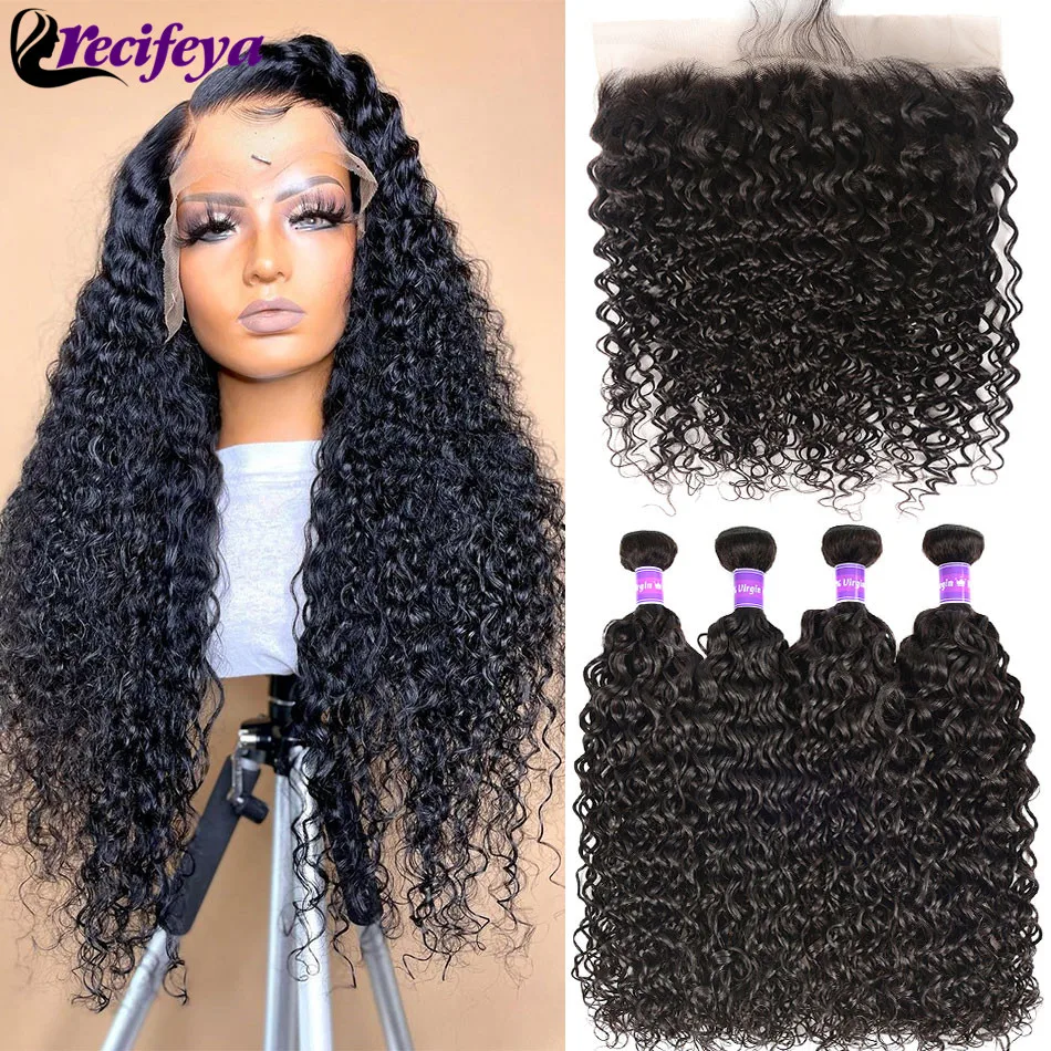 Malaysian Water Wave Hair Bundles With Frontal Water Curly Human Hair Bundles With Closure Transparent Lace Frontal With Bundles