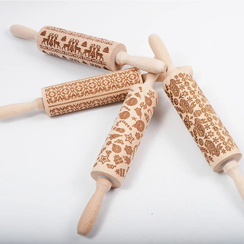 Заказная печать узора Скалка бук Дерево Лазерная гравировка Рождественский узор