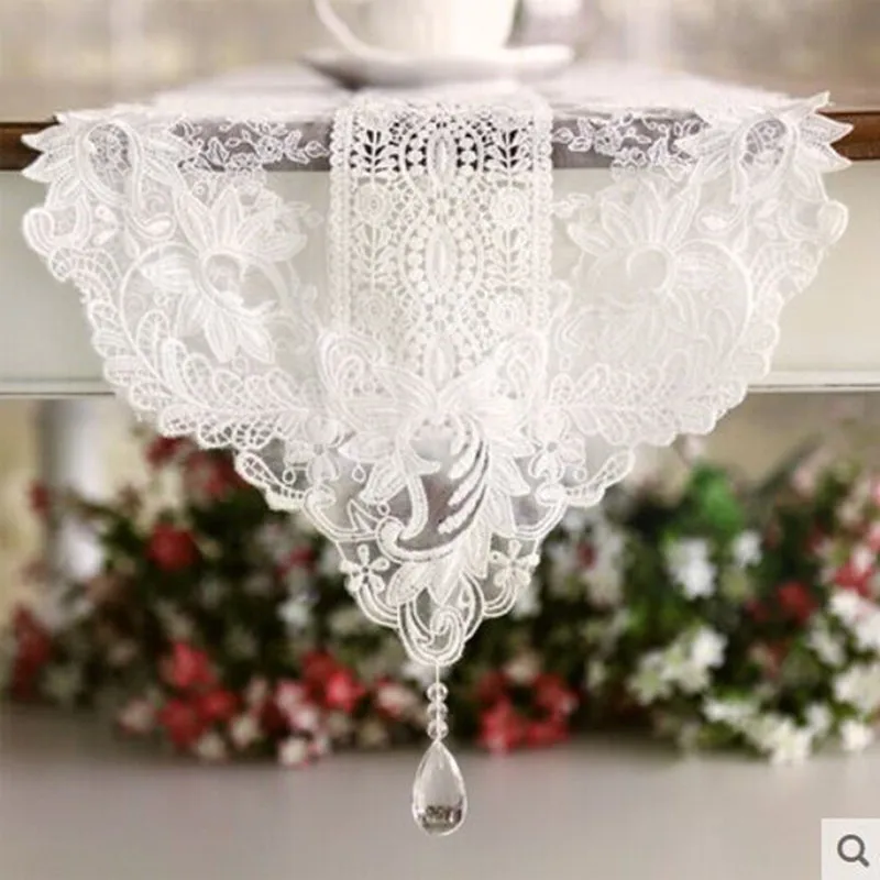 

New Korean Style Cotton White Table Runner Lace Elegant Tablecloth Wedding Decoration Elegant Crystal Pendant Piano Cover