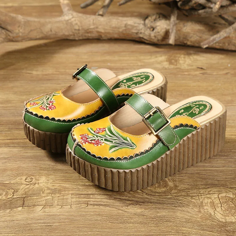 

GKTINOO 2021 Wedge Slides Shoes Women Cover Toes Buckle Flower Cut Out Summer Female Genuine Leather Platform Slippers