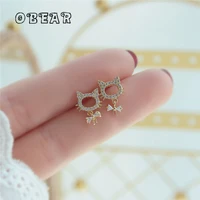 obear 14k real gold plating japanese pav%c3%a9 zircon cat bow stud earrings women exquisite creative anniversary gift jewelry