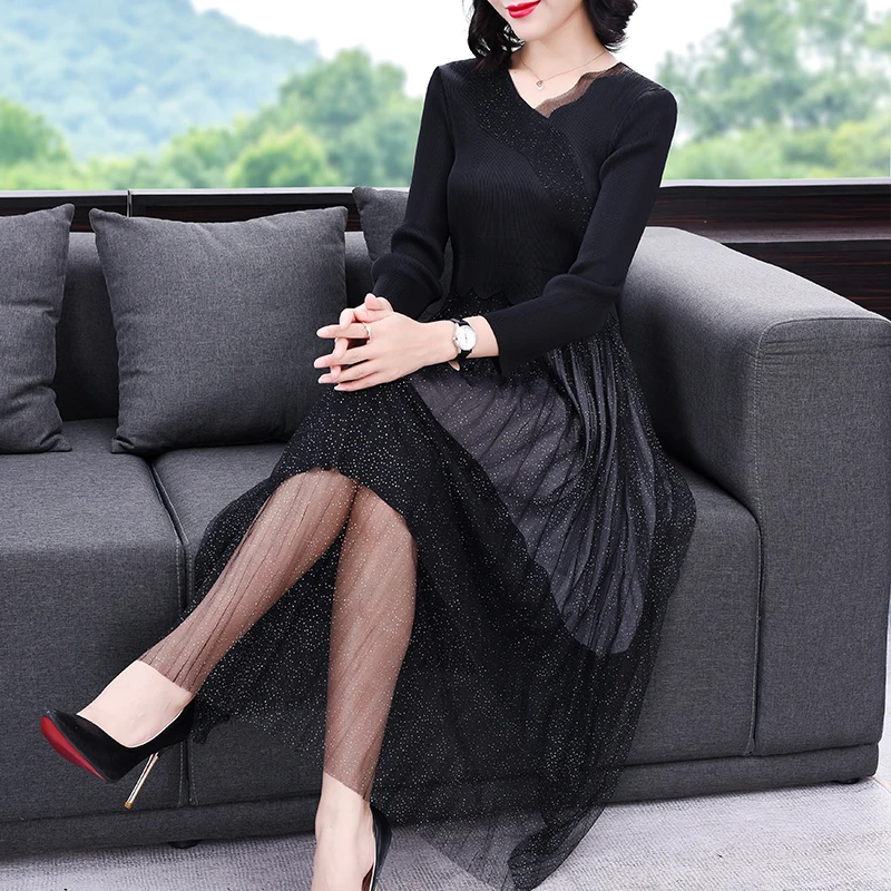 

Temperament Ladies Pleated Dresses Slim Stitching Mesh Sequins Long Summer Clothes for Women Dress Folds V Neck Purple Plus Size