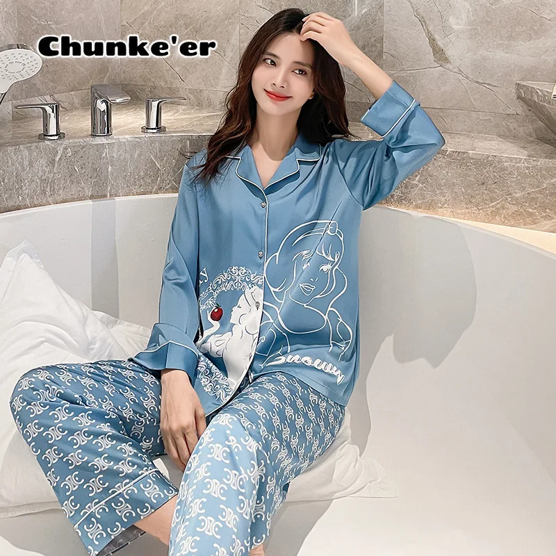 

Pajamas women autumn and winter thin ice silk long sleeve net red suit 2021 spring and autumn new cartoon printed home clothes