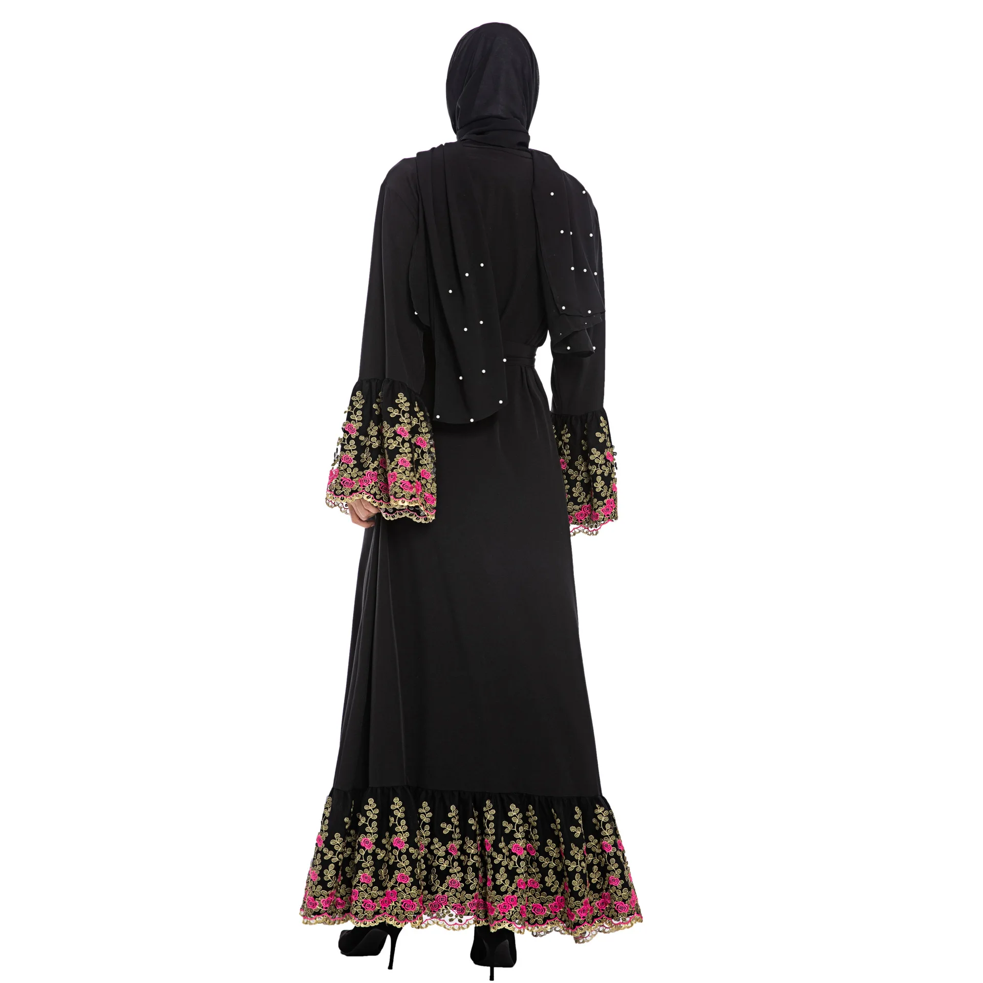 

WEPBEL Women's Embroidery Lace Cardigan Long Open Dress Flower Full Flare Sleeve High Waist Ramadan Muslim Abaya