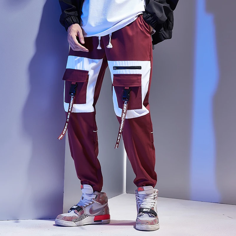 Красный Streetwear Hip Hop Cargo Pants For Mens Pants Fashions Multi-Pocket Black Men Trousers Male Harajuku Sweatpants Joggers - Цвет: Красный