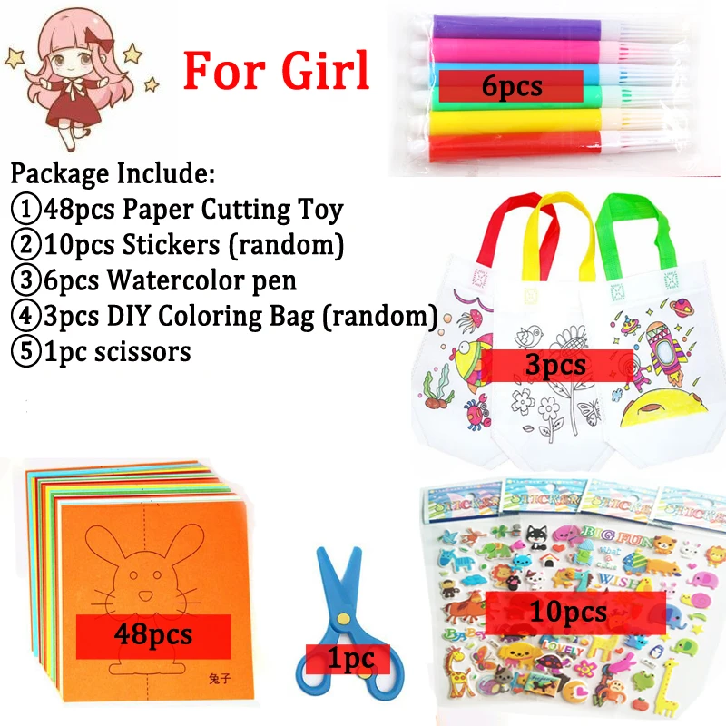 girl3bag6pen48JZ10TZ 68 шт., Детская сумка с граффити, Мультяшные наклейки, цветная бумага, складные и режущие игрушки для рисования, Детские художественные ремесла, развивающий подарок ZXH - Цвет: girl3bag6pen48JZ10TZ