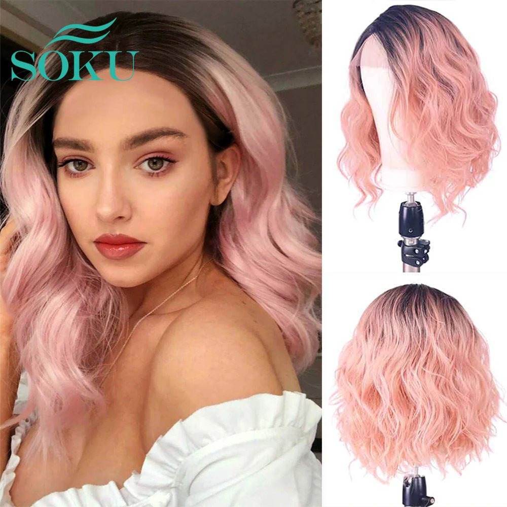 Short Bob Synthetic Lace Front Wigs Natural Wavy Black Rooted Mixed Pastel Rose Pink Side Part Wig For White Women SOKU | Шиньоны и