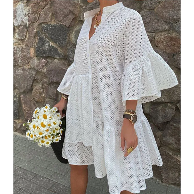 

Ordifree 2022 Summer Women Mini Ruffle Dress Asymmetrical Hollow Out White Tunic Beach Dress