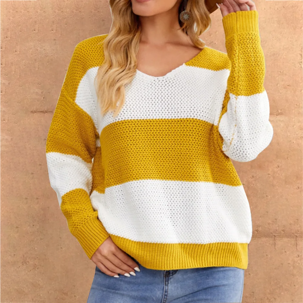 

2021New Autumn/Winter Women's Fashion Stripe Pullover Sweater Female Loose Casual V-neck Oversized Knitwear Lady Long Sleeve Top