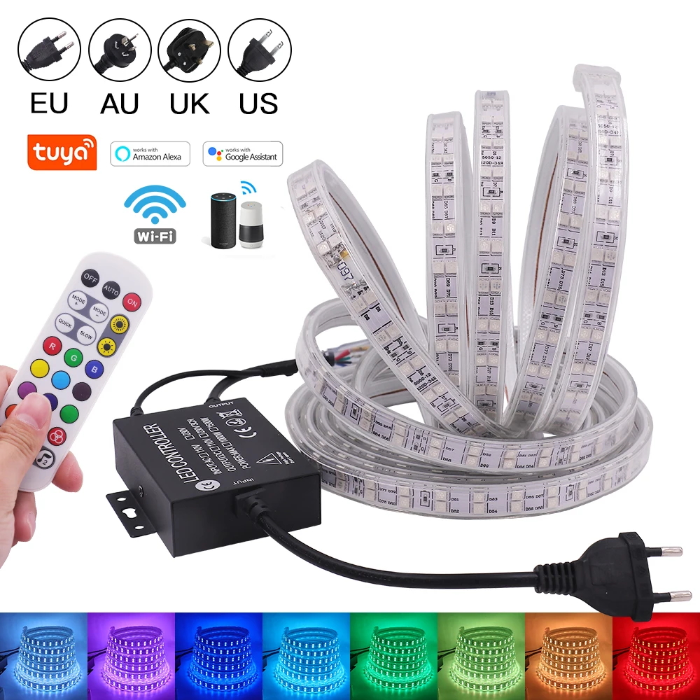 

220V LED Strip Ribbon Tape Lamp Double Row 5050 120Leds/m RGB Tape Flexible Diode Tape WIFI Remote Control Waterproof Led Lights