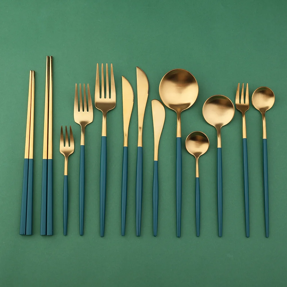 Зеленая Золотая ложка в скандинавском стиле из нержавеющей стали вилка нож