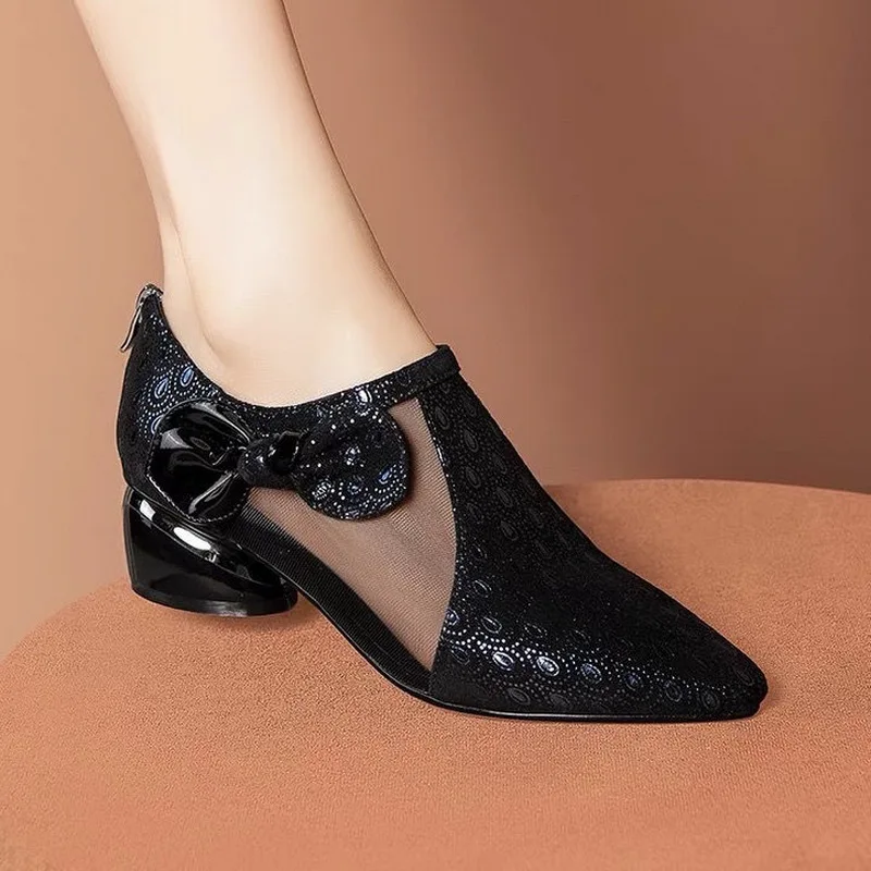 

2021 NEW Spring Cashmere Shoe Woman,Casual Mesh Work Shoes,Pointed toe Mid Heels,Peacock Pattern,Bowtie,For Female,BLACK,BLUE