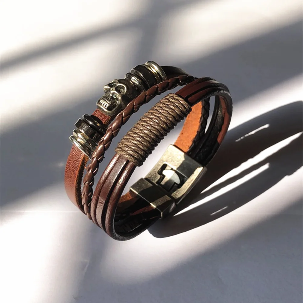Punk Mens Skull Charm Bracelet Multi-layer-woven Rope Leather Handmade Jewelry Gifts Armband Heren | Украшения и аксессуары
