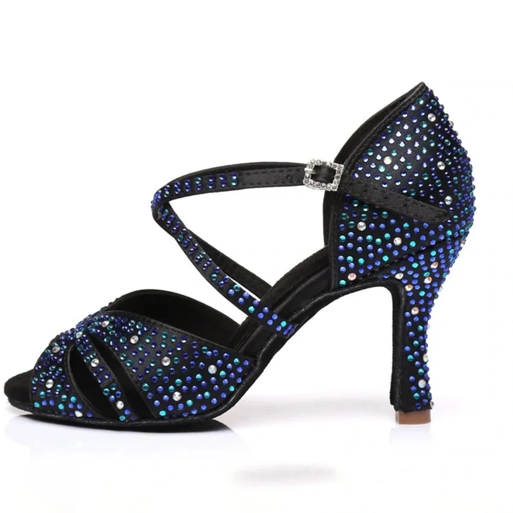 Black Elegant Woman Rhinestone Salsa Dance-Shoes Soft Sole Woman Ballroom Latin Pole Dancing Shoes Wedding Party Sandals