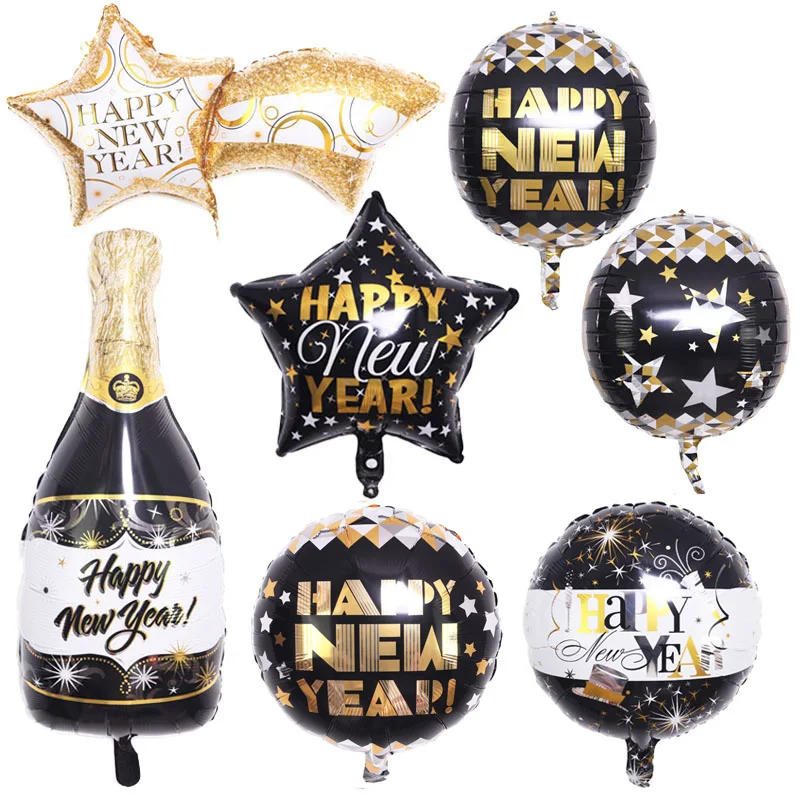 

5Pcs Black Gold Happy New Year Balloons Shooting Star 4D Globos Bottle Foil Balloon for Christmas 2022 New Year Party Decor Supp