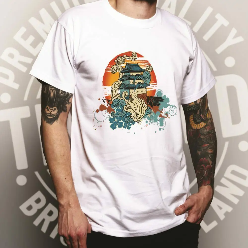 

Traditional Art T Shirt Painted Chinese Sunset Graphic Oriental Style