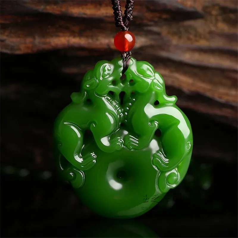 

Natural green hand carved double brave troops Ping'an clasp jade pendant fashion jewelry men's and women'sbrave troopsnecklaces