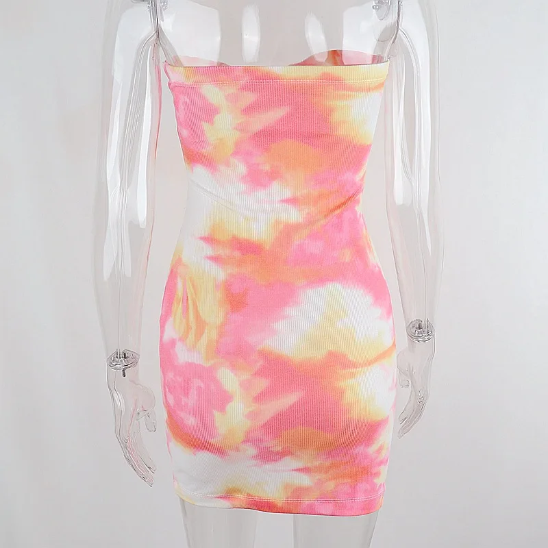 

Summer Dress Bodycon dress Tie-Dyed Abstract Printing Dress Wrapped Chest Hollow Hip Skirt Strapless Dress Women Clothing