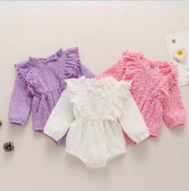 

Children's fluffy paradise plush solid color lace hollow long-sleeved romper