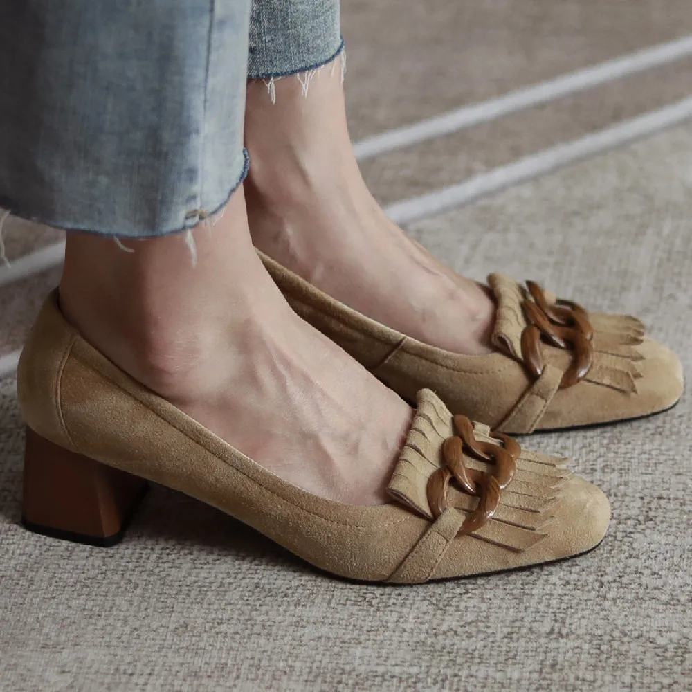 

Women's natural suede leather thick med heel square toe slip-on pumps fringe chian decoration OL style comfortable single shoes