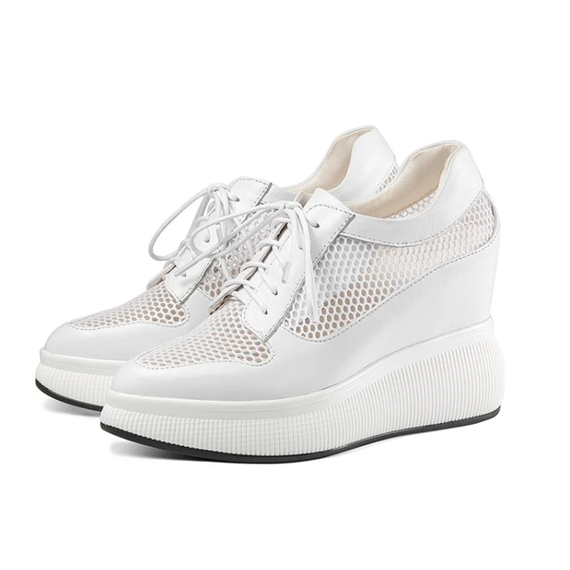 

MLJUESE 2021 Women Pumps Cow leather Autumn Spring Lace up White color Cut-outs Pointed toe Platform Wedges high heels pumps