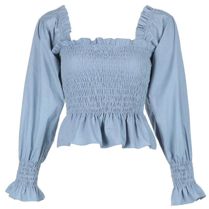

KUSAHIKI Elegant Slim Waist Short Ruffle Blouse Shirt Korean Square Collar Puff Sleeve Women Tops 2021 Spring New Blusas 6F275