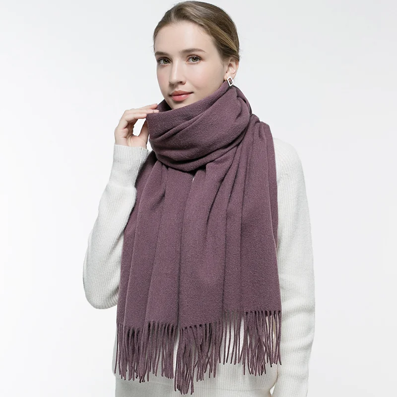 Wither Pure Wool Scarf Women Brand Thicken Warm Echarpe Wraps for Ladies Foulard Femme Solid Camel Merino Wool Scarves - Цвет: Grape