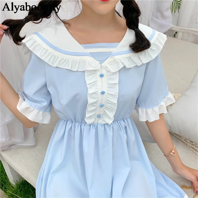 

New Japanese Summer Women Lolita Princess Dress Peter Pan Collar Blue High Waist Elegant Dress Flare Sleeve Kawaii Ruffles Dress