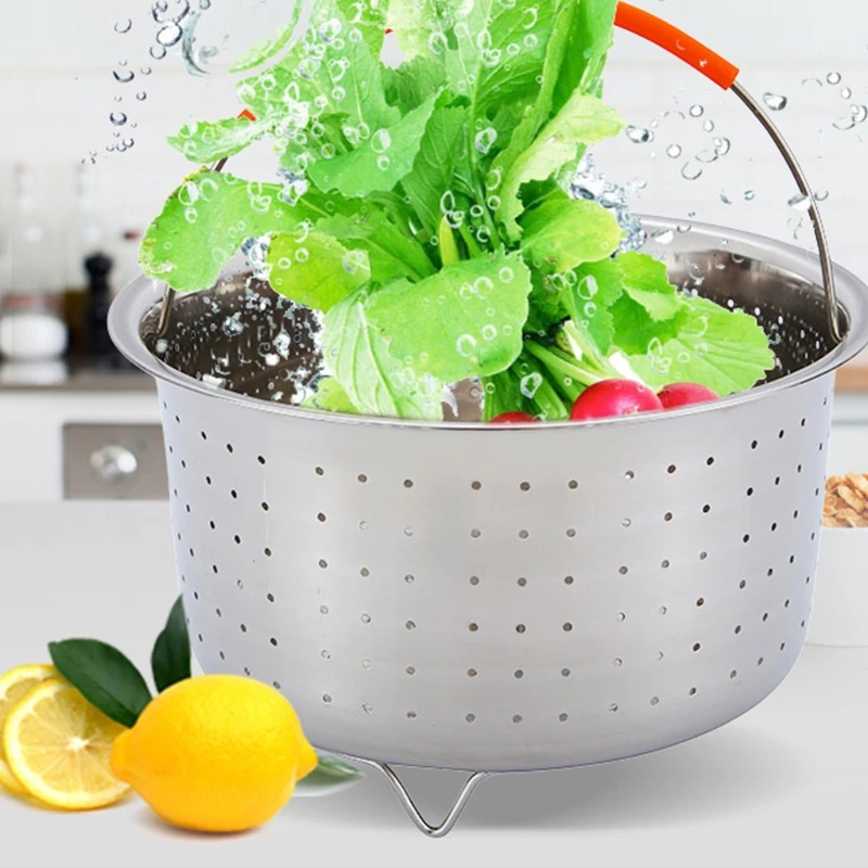 

Kitchen Stainless Steel Steamer Basket with Silicone Covered Handle for 3/6/8 Quart Pressure Cooker Insert Accessories W89B