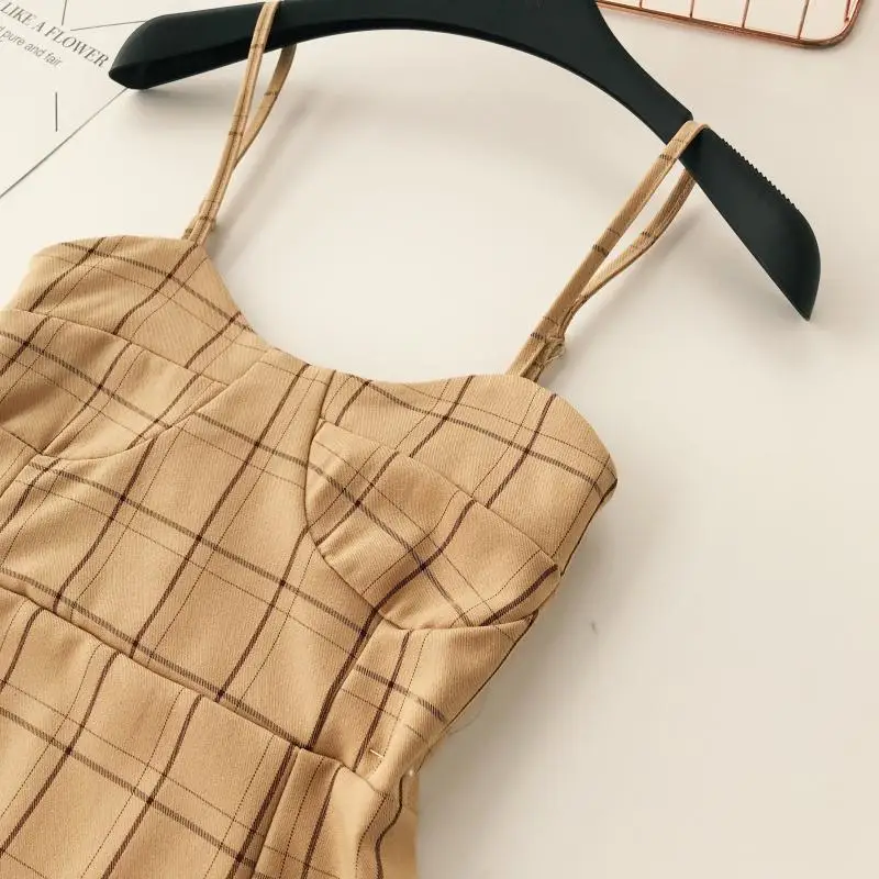 

new fashion women's strap dress plaid V-neck high waist ruffled short dress
