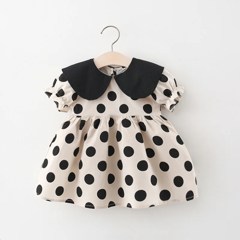 

Cotton Woven Summer Dotty Pattern Black and White Short Sleeves Girl Dress Sweet Princess Pleated Dress Girl Daily Wearing