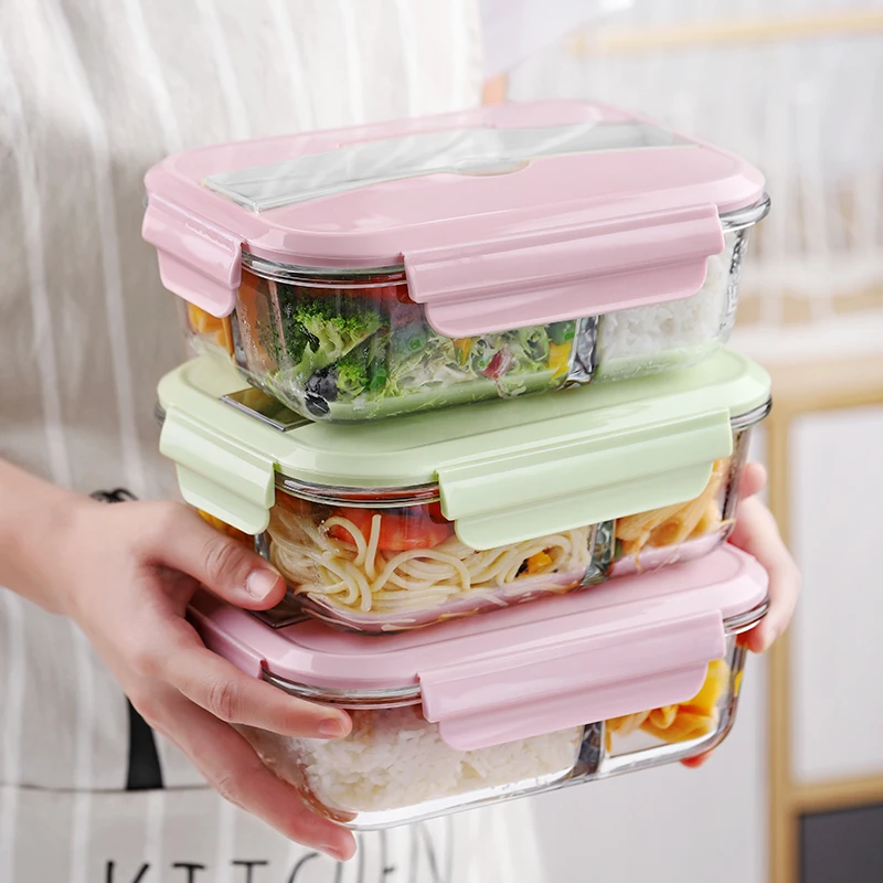 

Microwavable Glass Lunch Box with Divider,Lid,Bag; Meal Prep Glass Food Storage Containers with 2 Compartments; Lunch Container