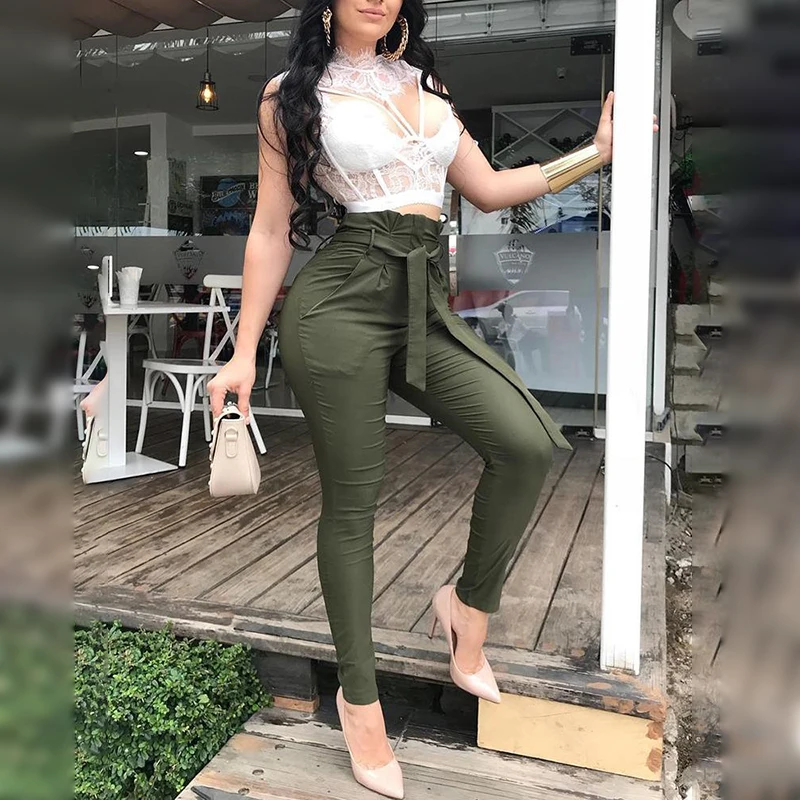 

Women Fashion Casual Pants Lady Trousers Solid Belted Pants Summer Pants