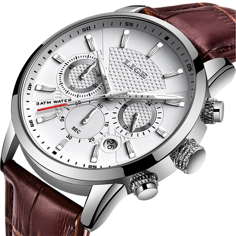 

New Mens Watches Top Brand Leather Chronograph Waterproof Sport Automatic Date Quartz Watch For Men