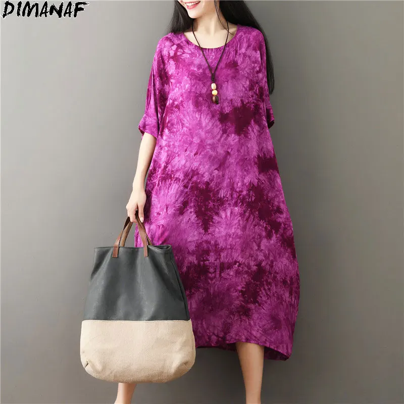 

DIMANAF 2021 Plus Size Summer Linen Dress Women Sundress Beach Floral Vestidos Tie-Dye Casual Loose Oversize 5XL 6XL Holiday