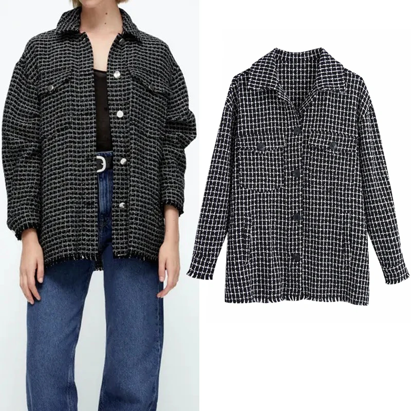 

Za Plaid Jacket Women Long Sleeve Black Jacket Woman Autumn 2021 Vintage Button Jackets Fashion Frayed Casual Overshirt