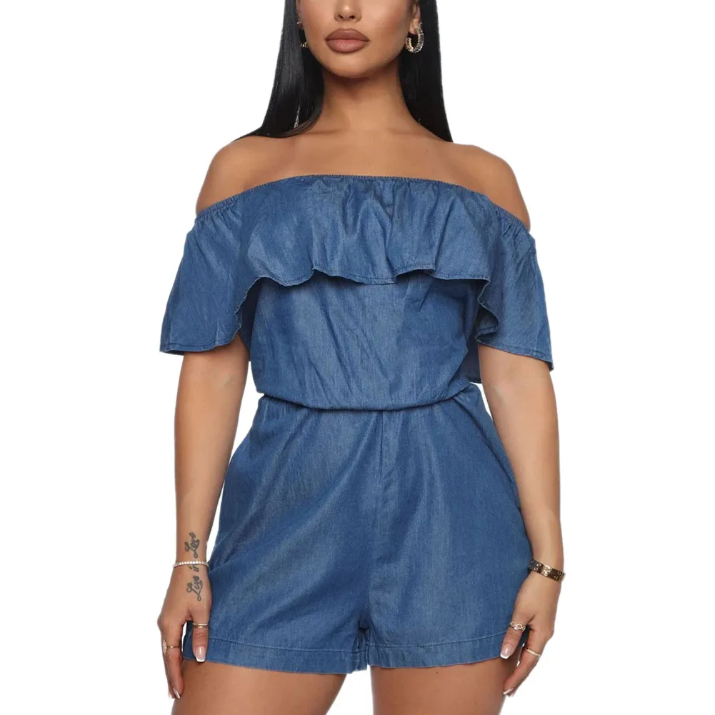

Female Imitation Jeans Jumpsuit Solid Color Off Shoulder Ruffles Collar Short Sleeve Bodysuit Casual Jumpsuits for Women