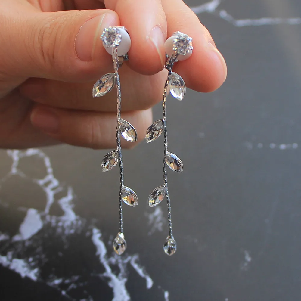 Женские серьги клипсы с кристаллами длинные висячие без пирсинга украшения для