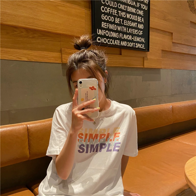 

YTX1335 2021 new loose mid-length short-sleeved T-shirt with letter print covering belly and slimming