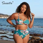 SEASELFIE размера плюс синий цветочный комплект бикини с высокой талией, женский сексуальный раздельный купальник большого размера с вырезами, новинка 2022 года, купальный костюм