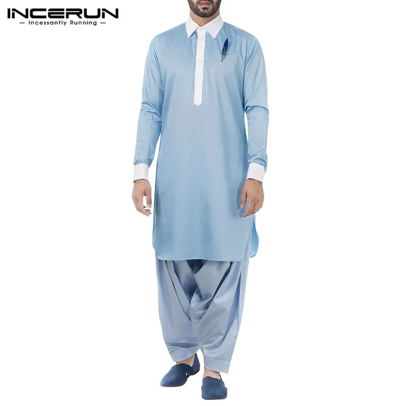 

INCERUN 2021 Men Islamic Arabic Kaftan Long Sleeve Lapel Patchwork Robes Caftan Vintage Casual Dubai Middle East Men Jubba Thobe