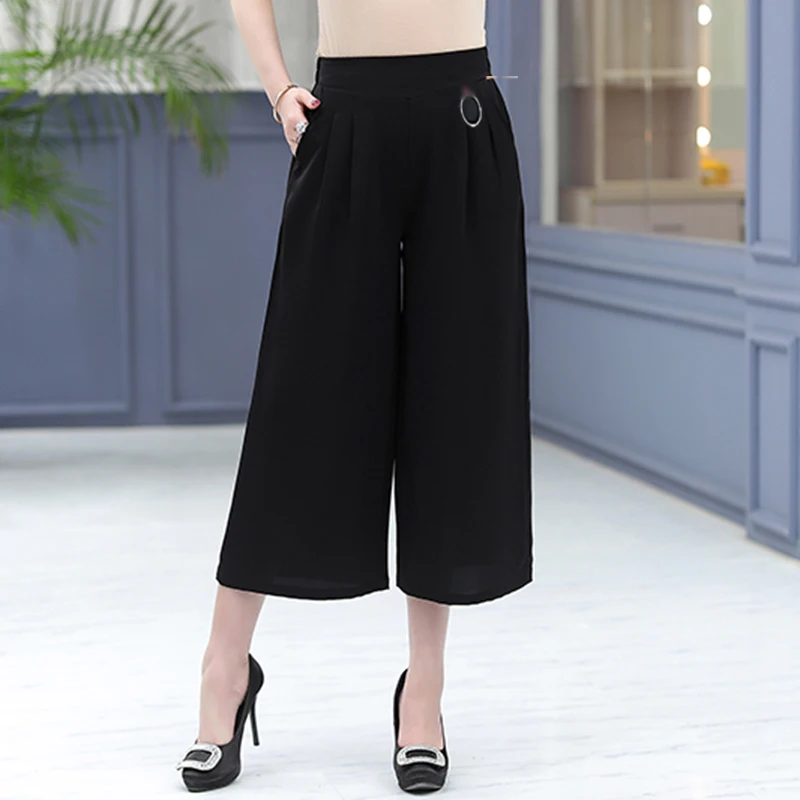 

Middle Aged Women Summer Black Wide Leg Chiffon Cropped Pant High Elastic Waist Loose Fitting Trouser Plus Size Biottoms XXXXL